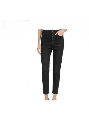 Kooples Black Lizy Studded Slim Fit Skinny Jeans 28 Button Fly High Waist Black
